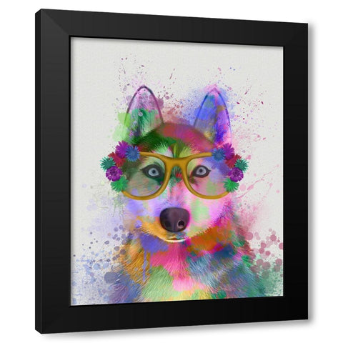 Husky Rainbow Splash Black Modern Wood Framed Art Print by Fab Funky