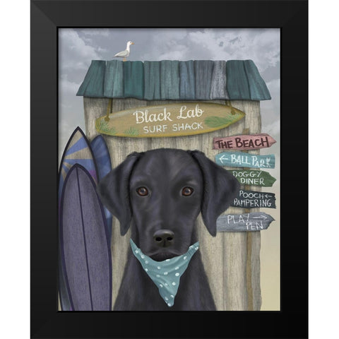 Black Labrador Surf Shack Black Modern Wood Framed Art Print by Fab Funky