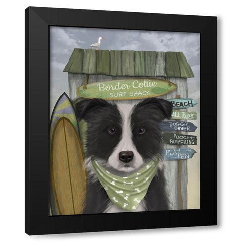Border Collie, Black and White, Surf Shack Black Modern Wood Framed Art Print with Double Matting by Fab Funky