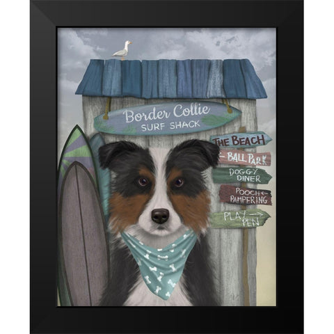 Border Collie, Tricolour, Surf Shack Black Modern Wood Framed Art Print by Fab Funky