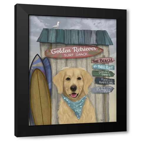 Golden Retriever Surf Shack Black Modern Wood Framed Art Print with Double Matting by Fab Funky