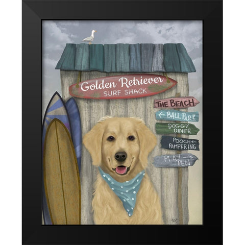 Golden Retriever Surf Shack Black Modern Wood Framed Art Print by Fab Funky