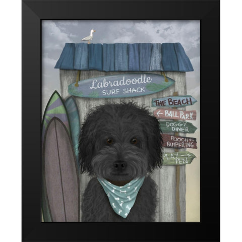 Labradoodle, Black, Surf Shack Black Modern Wood Framed Art Print by Fab Funky