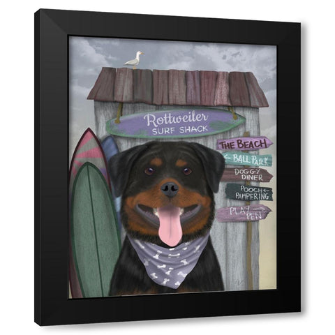 Rottweiller Surf Shack Black Modern Wood Framed Art Print by Fab Funky