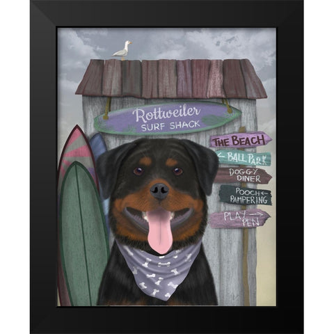 Rottweiller Surf Shack Black Modern Wood Framed Art Print by Fab Funky