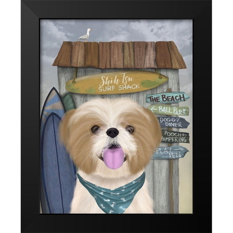Shih Tsu Surf Shack Black Modern Wood Framed Art Print by Fab Funky