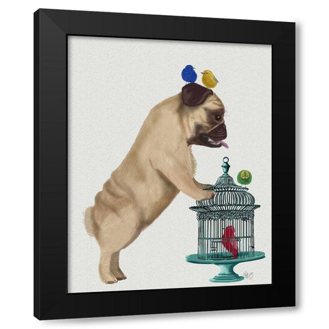 Pug and Birdcage Black Modern Wood Framed Art Print with Double Matting by Fab Funky