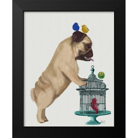 Pug and Birdcage Black Modern Wood Framed Art Print by Fab Funky
