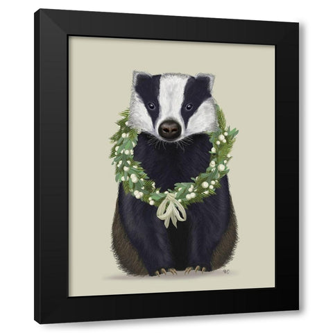 Christmas Badger and Sage Wreath Black Modern Wood Framed Art Print with Double Matting by Fab Funky