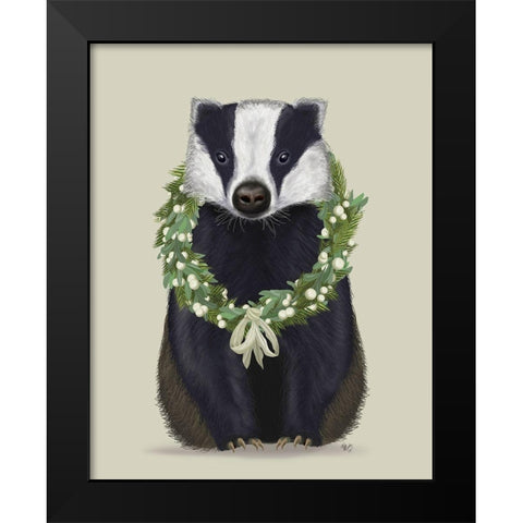 Christmas Badger and Sage Wreath Black Modern Wood Framed Art Print by Fab Funky