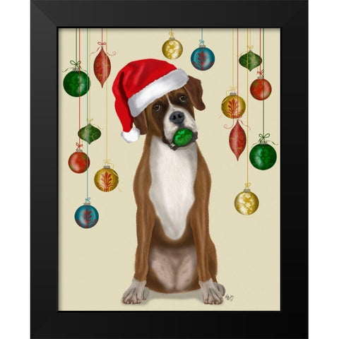 Christmas Boxer and Bauble Ball Black Modern Wood Framed Art Print by Fab Funky