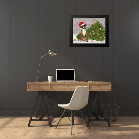 Christmas Boxer and Broken Christmas Tree Black Modern Wood Framed Art Print by Fab Funky