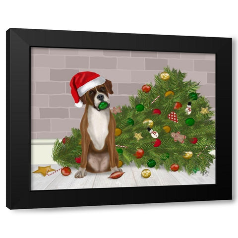 Christmas Boxer and Broken Christmas Tree Black Modern Wood Framed Art Print with Double Matting by Fab Funky
