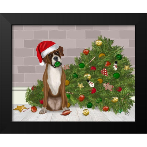 Christmas Boxer and Broken Christmas Tree Black Modern Wood Framed Art Print by Fab Funky