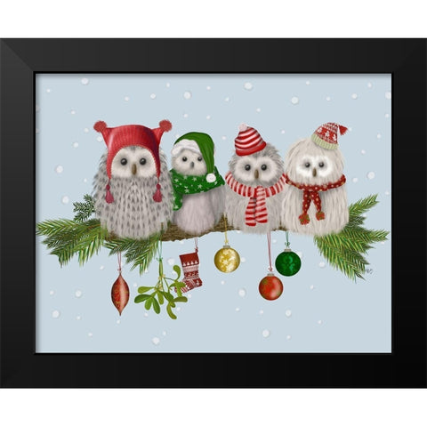 Christmas Fluffy Christmas Owls on Branch Black Modern Wood Framed Art Print by Fab Funky