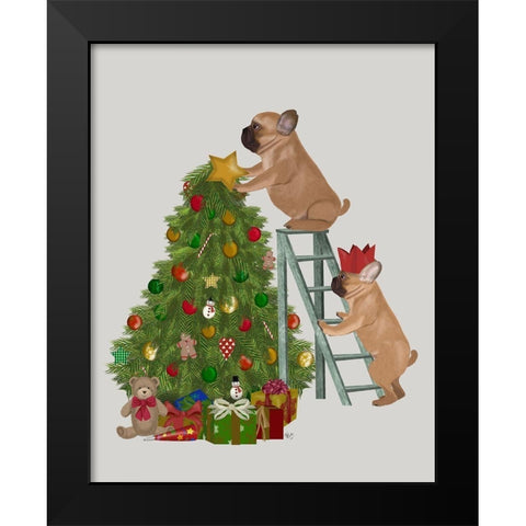 Christmas French Bulldog Tree Ladder Black Modern Wood Framed Art Print by Fab Funky