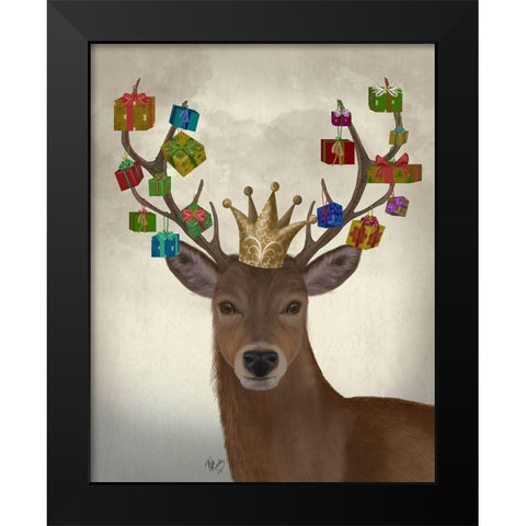 Christmas Gift Bearing Deer Black Modern Wood Framed Art Print by Fab Funky