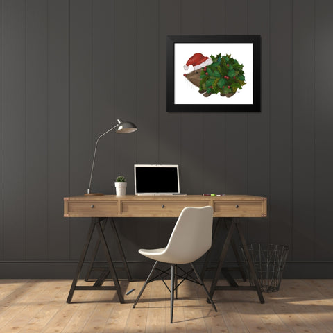 Christmas Holly Hedgehog Black Modern Wood Framed Art Print by Fab Funky