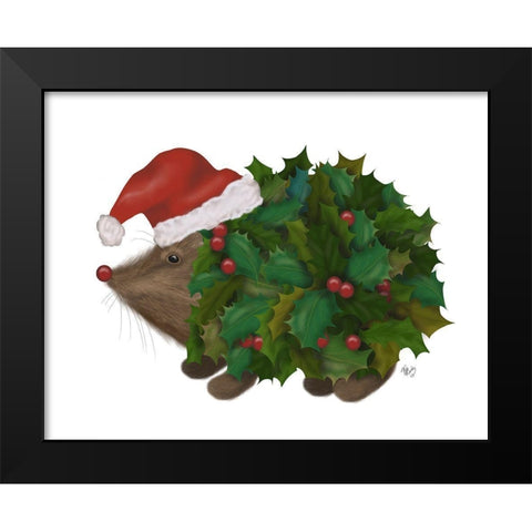 Christmas Holly Hedgehog Black Modern Wood Framed Art Print by Fab Funky