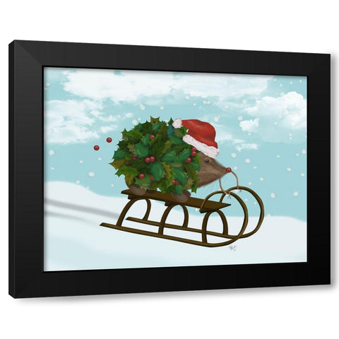 Christmas Holly Hedgehog Sledding Black Modern Wood Framed Art Print by Fab Funky