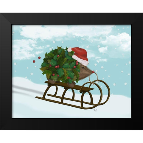 Christmas Holly Hedgehog Sledding Black Modern Wood Framed Art Print by Fab Funky