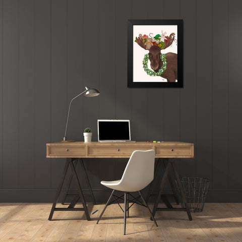 Christmas Moose and Christmas Gifts Black Modern Wood Framed Art Print by Fab Funky