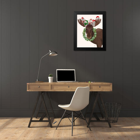 Christmas Moose and Christmas Owls Black Modern Wood Framed Art Print by Fab Funky