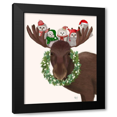 Christmas Moose and Christmas Owls Black Modern Wood Framed Art Print with Double Matting by Fab Funky