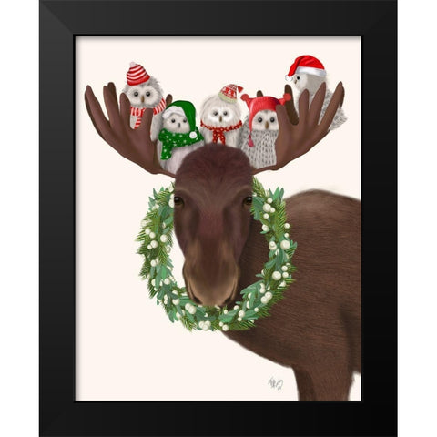 Christmas Moose and Christmas Owls Black Modern Wood Framed Art Print by Fab Funky