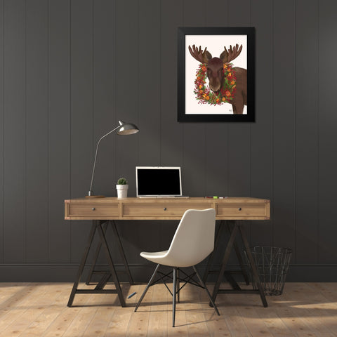 Christmas Moose and Cranberry Wreath Black Modern Wood Framed Art Print by Fab Funky