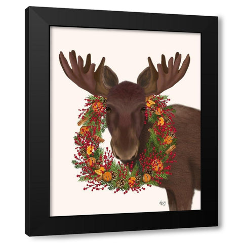 Christmas Moose and Cranberry Wreath Black Modern Wood Framed Art Print by Fab Funky