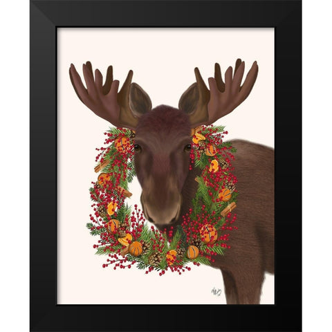Christmas Moose and Cranberry Wreath Black Modern Wood Framed Art Print by Fab Funky