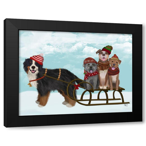 Christmas Mutt Sled Black Modern Wood Framed Art Print by Fab Funky