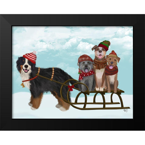 Christmas Mutt Sled Black Modern Wood Framed Art Print by Fab Funky
