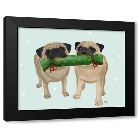 Christmas Pug Pair and Cracker Black Modern Wood Framed Art Print with Double Matting by Fab Funky