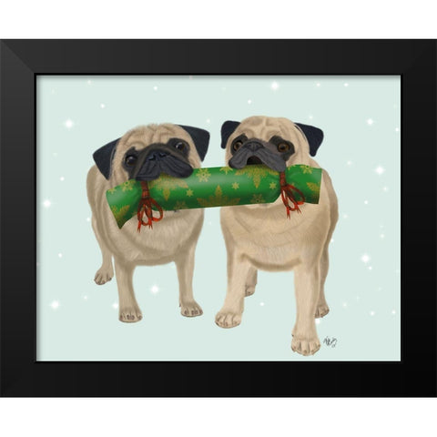 Christmas Pug Pair and Cracker Black Modern Wood Framed Art Print by Fab Funky