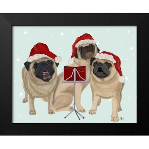Christmas Pug Trio Carolling Black Modern Wood Framed Art Print by Fab Funky