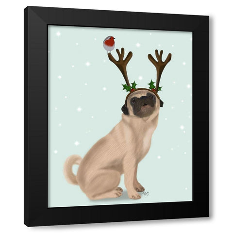 Christmas Pug with Antlers and Robin Black Modern Wood Framed Art Print with Double Matting by Fab Funky