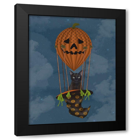 Halloween Black Cat in Pumpkin Hot Air Balloon Black Modern Wood Framed Art Print with Double Matting by Fab Funky