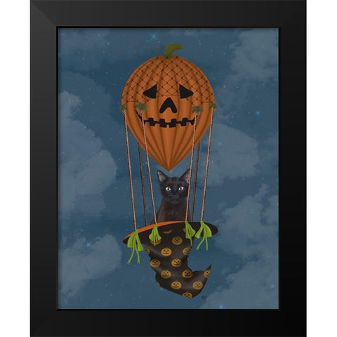 Halloween Black Cat in Pumpkin Hot Air Balloon Black Modern Wood Framed Art Print by Fab Funky