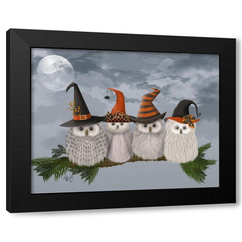 Halloween Halloween Owls on Branch Black Modern Wood Framed Art Print by Fab Funky