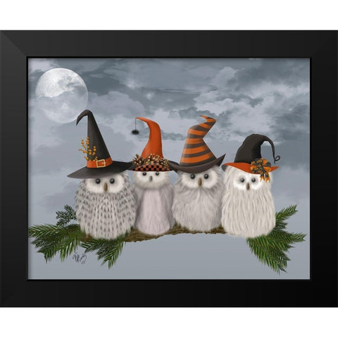 Halloween Halloween Owls on Branch Black Modern Wood Framed Art Print by Fab Funky