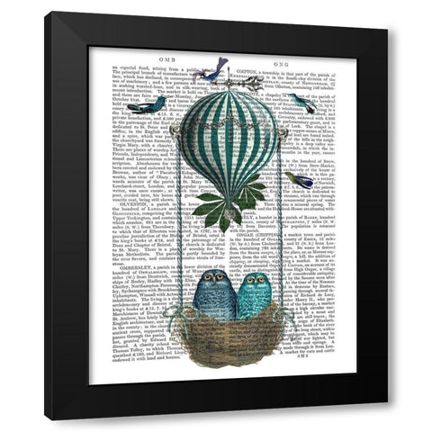 Owl Balloon Nest Black Modern Wood Framed Art Print with Double Matting by Fab Funky