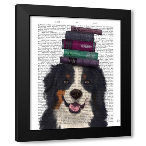 Bernese and Books Black Modern Wood Framed Art Print by Fab Funky