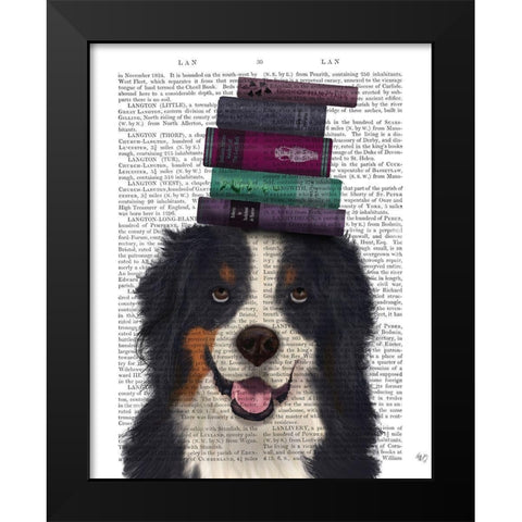 Bernese and Books Black Modern Wood Framed Art Print by Fab Funky