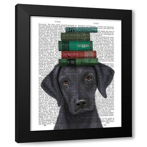Black Labrador and Books Black Modern Wood Framed Art Print with Double Matting by Fab Funky