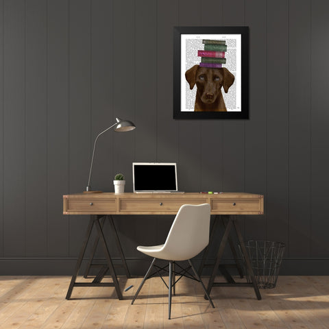 Brown Labrador and Books Black Modern Wood Framed Art Print by Fab Funky