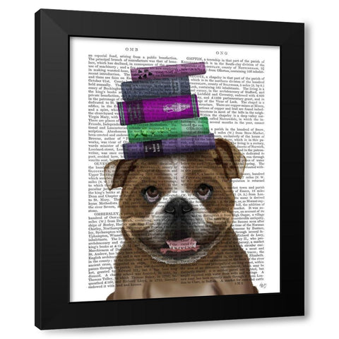 English Bulldog And Books Black Modern Wood Framed Art Print with Double Matting by Fab Funky