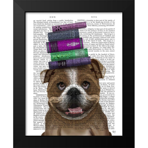 English Bulldog And Books Black Modern Wood Framed Art Print by Fab Funky