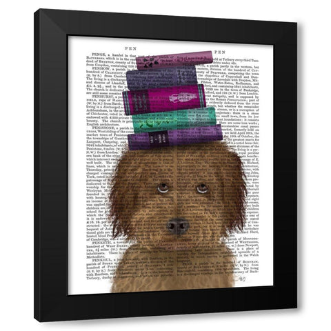 Labradoodle, Brown, and Books Black Modern Wood Framed Art Print by Fab Funky